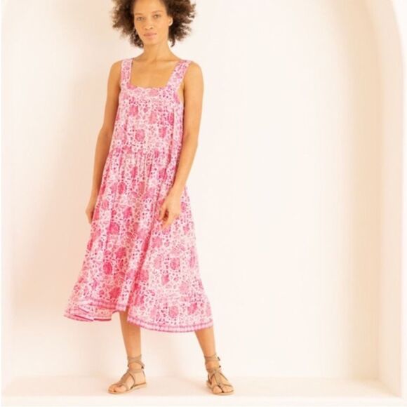 Natalie Martin Jasmine Silk Floral Print Tiered Midi Dress rust Size Large - Picture 5 of 6